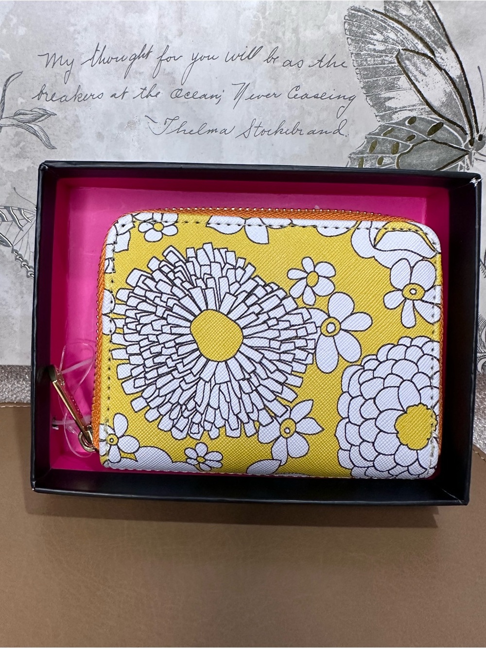 Trina Turk Yellow and White Floral Patterned Zip Around Wallet with Gift Box